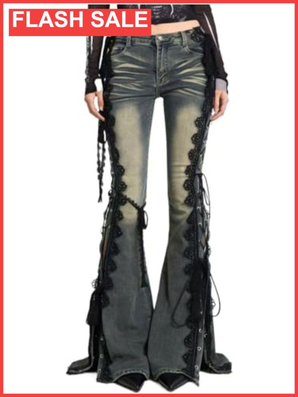 Y2K Punk Dragon Print Flare Jeans Slim Fit Low Rise PU Belt Grunge Concert